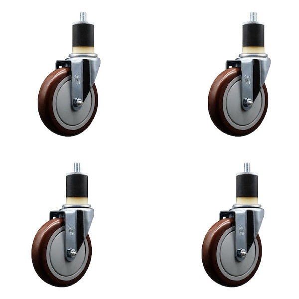 5'' Maroon Poly Wheel Swivel 1-7/8'' Expanding Stem Caster Set, 4PK